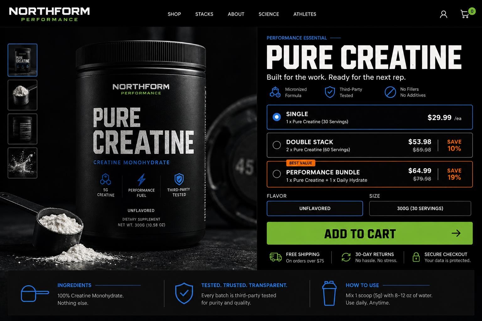 Ideal fictional fitness creatine Shopify product page showing clear CRO hierarchy and bundle offers